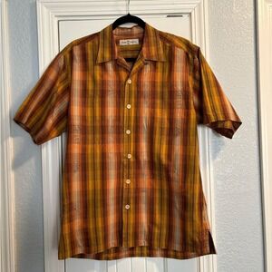 Tommy Bahama Shirt Mens Medium Orange Tropical Havana Short Sleeve Leaf Travel
